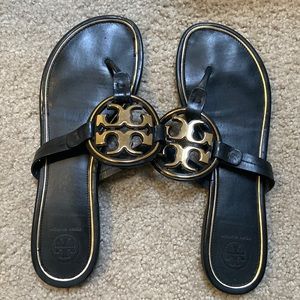 Tory Burch Black and Gold Miller Sandals